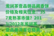 龍潤茶壹品御品藏香餅價格及相關信息：357克熟茶市值？2013/2012年龍潤茶壹品普洱茶價格表。