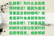 普洱茶有樹根的味道怎么回事？為什么會出現(xiàn)這類情況？是因?yàn)槠斩枥锩婧袠涓鶈幔炕蚴遣枞~本身就帶有樹枝或茶梗？熟悉普洱茶的制作過程以及茶葉的品質(zhì)等因素，或可以解答這個(gè)疑問。